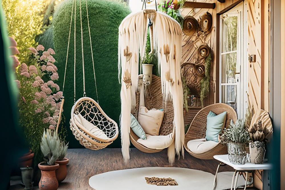 Espacio exterior decorado con columpios de mimbre, muebles artesanales y plantas, ideal para crear una terraza bohemia acogedora y llena de encanto.